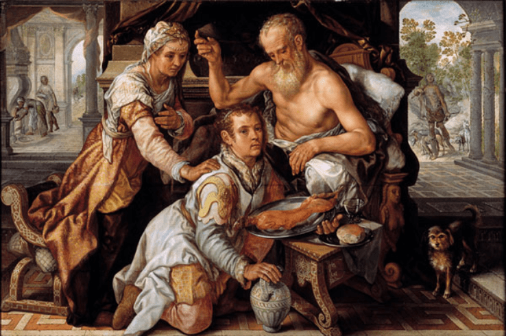 Joachim Beuckelaer, Isaac Blessing Jacob, monogrammed and dated 1568, panel, 112.3 x 170.8 cm. Utrecht, Museum Catharijneconvent.png